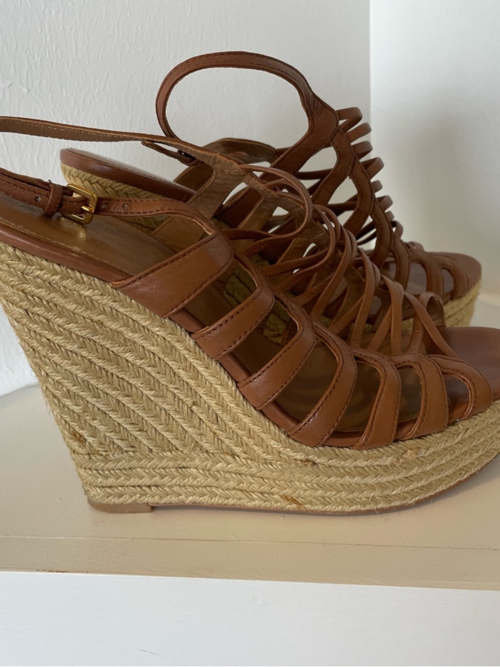 Elie Tahari Tan Leather Strappy Espadrille Wedge Sandals